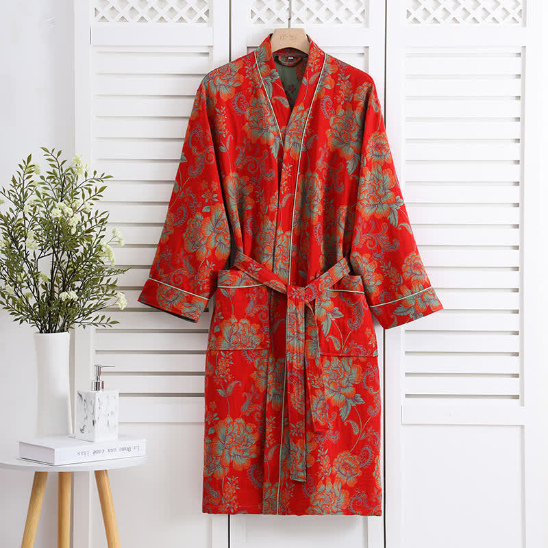 Peignoir luxueux en gaze de coton style kimono à motif floral