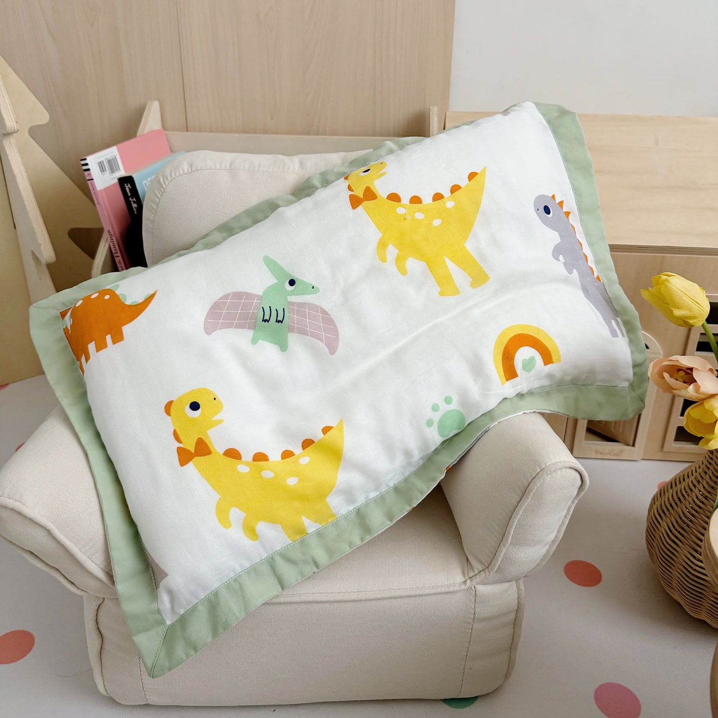 Couverture pour tout-petits en fibre de bambou motif dinosaure arc-en-ciel