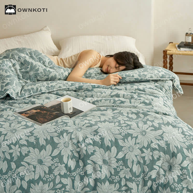 Couette jacquard en coton teint en fil avec motif floral
