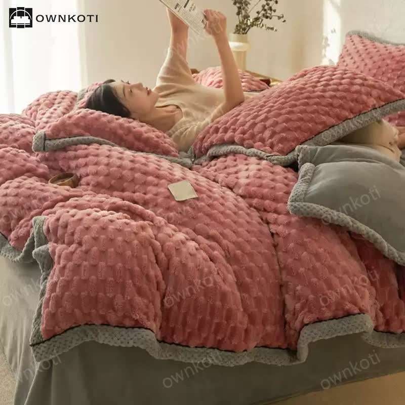 Parure de lit 4 pièces avec housse de couette en flanelle douce
