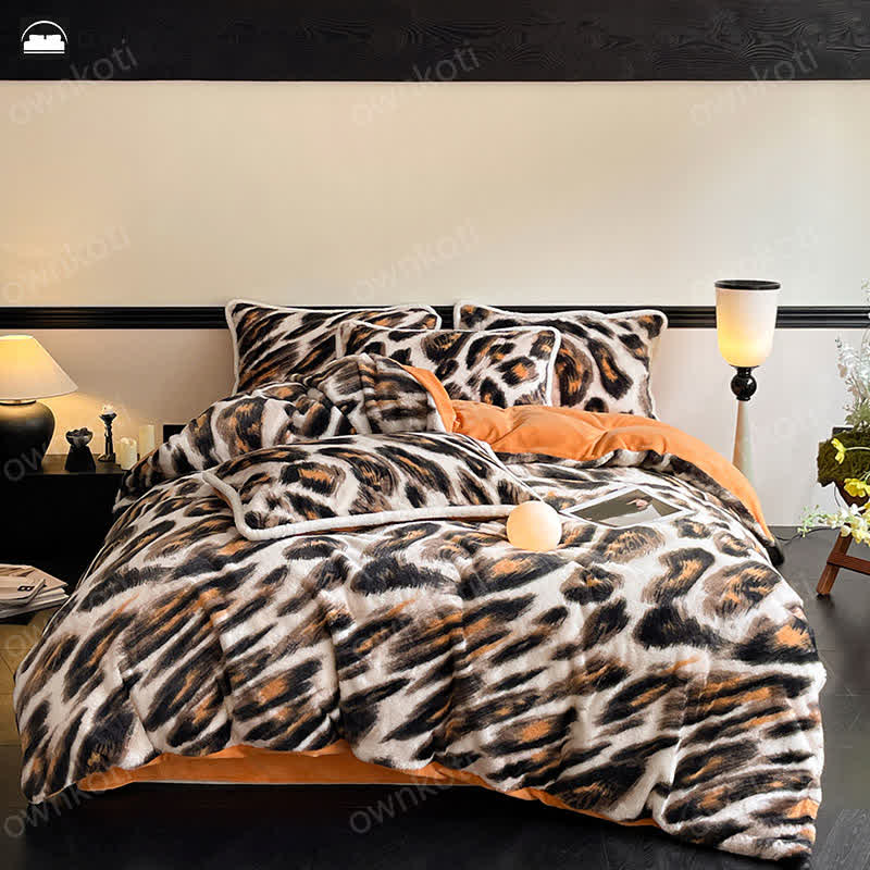 Parure de lit en flanelle douce et chaude à imprimé léopard (4 pièces)
