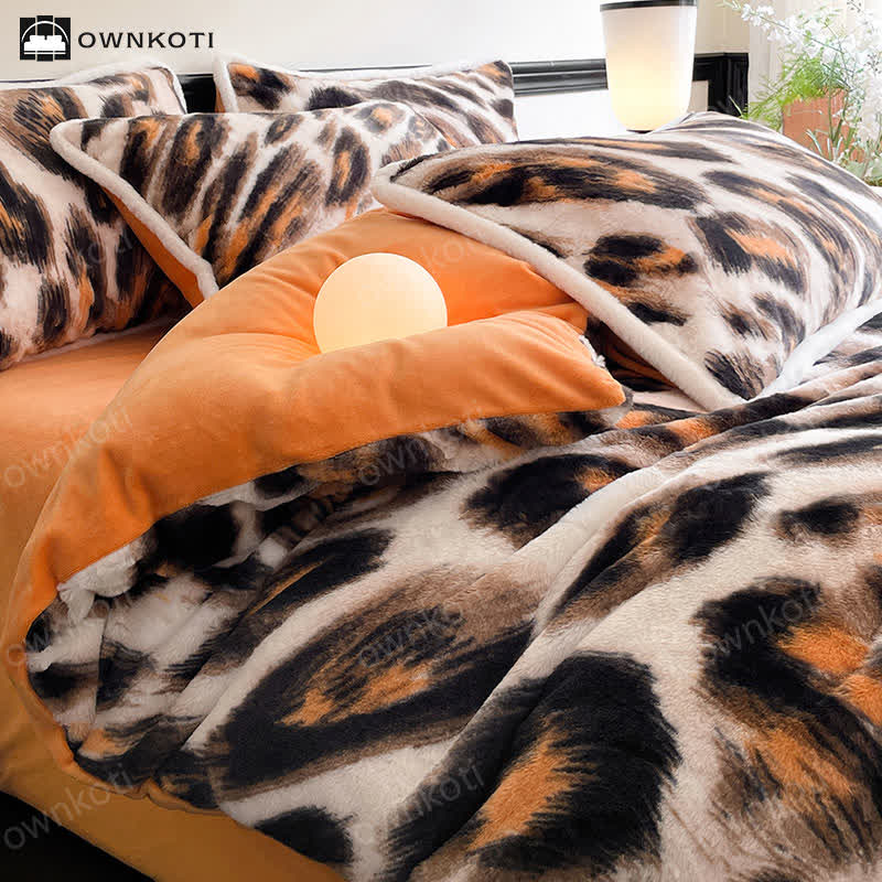 Parure de lit en flanelle douce et chaude à imprimé léopard (4 pièces)