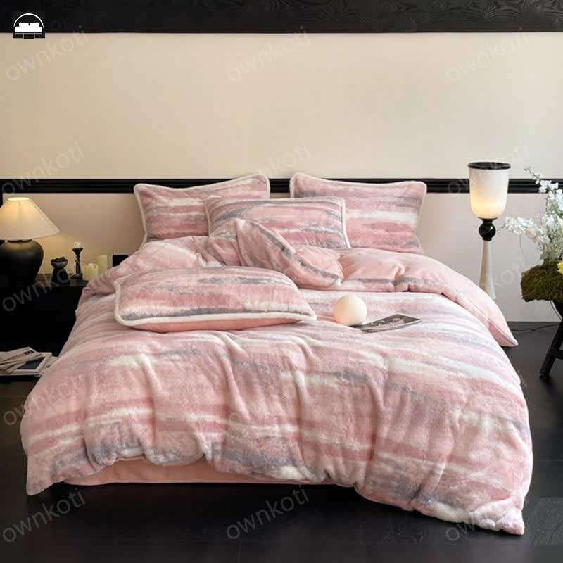 Parure de lit 4 pièces avec housse de couette en flanelle rose