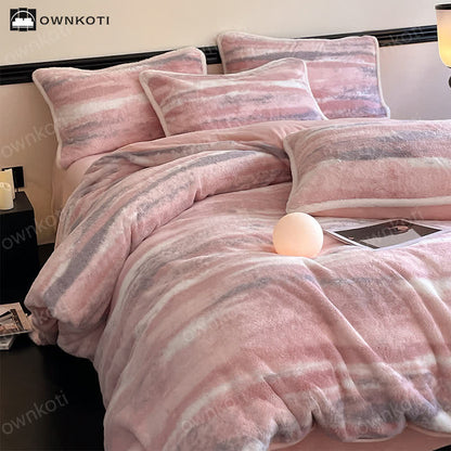 Parure de lit 4 pièces avec housse de couette en flanelle rose