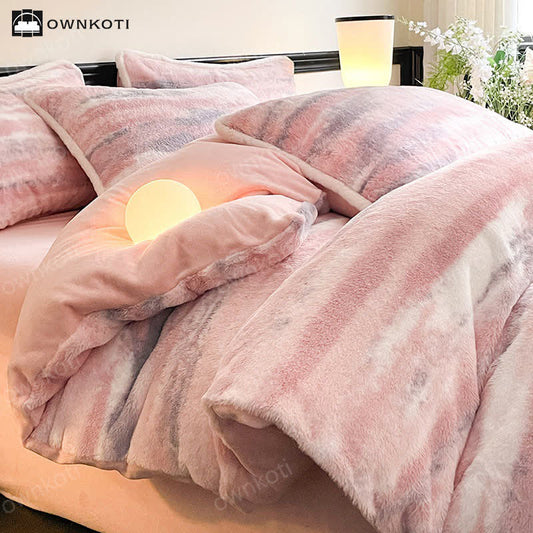 Parure de lit 4 pièces avec housse de couette en flanelle rose
