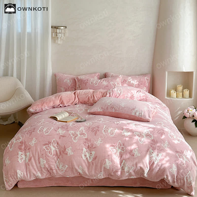 Parure de lit chaude en velours papillon (4 pièces)