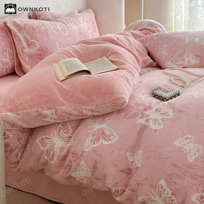 Parure de lit chaude en velours papillon (4 pièces)