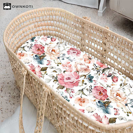 Draps-housses extensibles et doux pour berceau avec motif floral