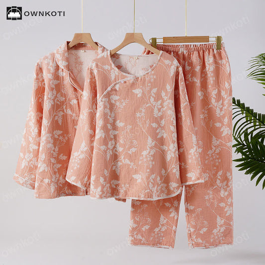 Ensemble pyjama jacquard en pur coton teint en fil