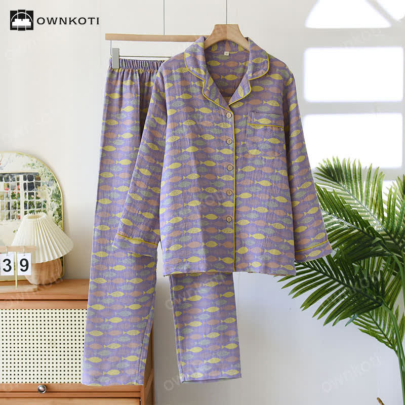 Ensemble pyjama en gaze de coton à motif jacquard poisson