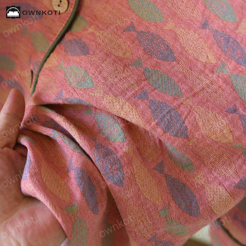 Ensemble pyjama en gaze de coton à motif jacquard poisson