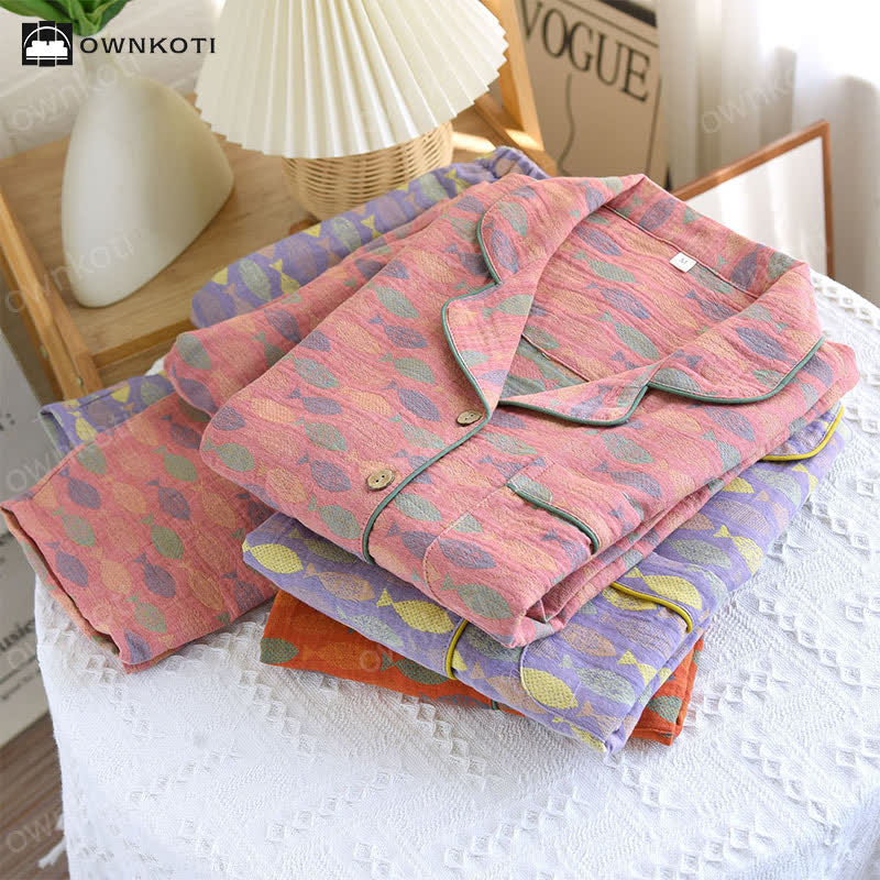 Ensemble pyjama en gaze de coton à motif jacquard poisson