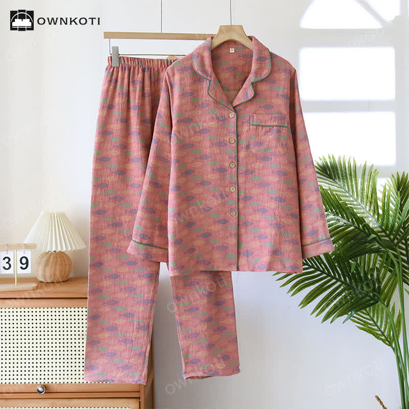 Ensemble pyjama en gaze de coton à motif jacquard poisson