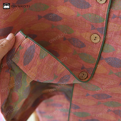 Ensemble pyjama en gaze de coton à motif jacquard poisson