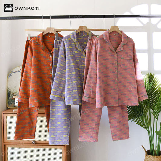 Ensemble pyjama en gaze de coton à motif jacquard poisson