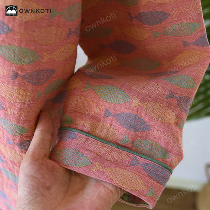 Ensemble pyjama en gaze de coton à motif jacquard poisson