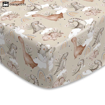 Drap-housse extensible et doux avec dinosaure arc-en-ciel