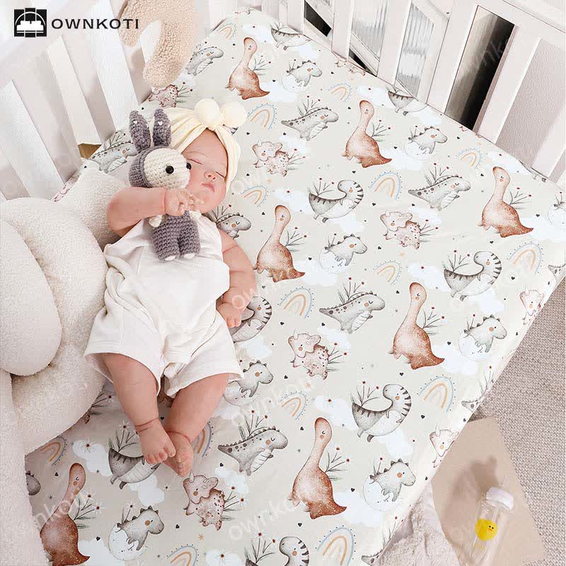 Drap-housse extensible et doux avec dinosaure arc-en-ciel