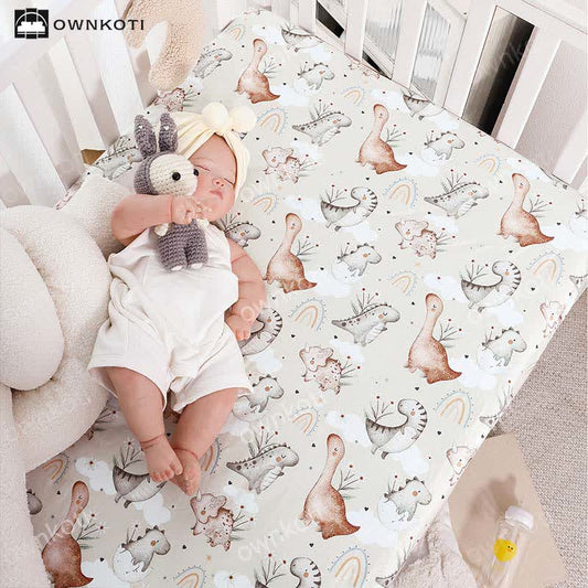 Drap-housse extensible et doux avec dinosaure arc-en-ciel