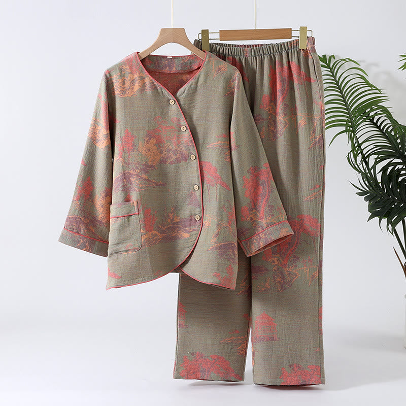 Ensemble pyjama jacquard à manches longues en gaze de coton - Vert clair - XL - image 10