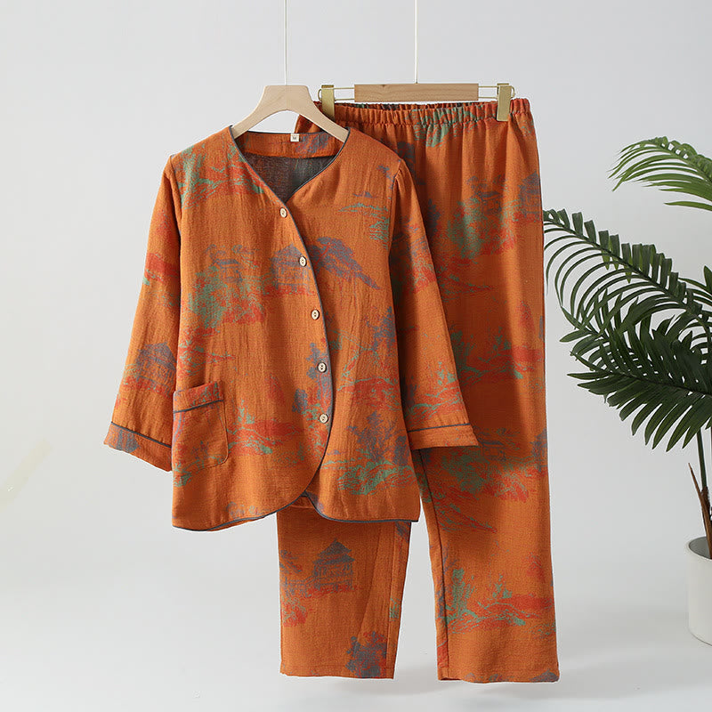 Ensemble pyjama jacquard à manches longues en gaze de coton - Orange - XL - image 9