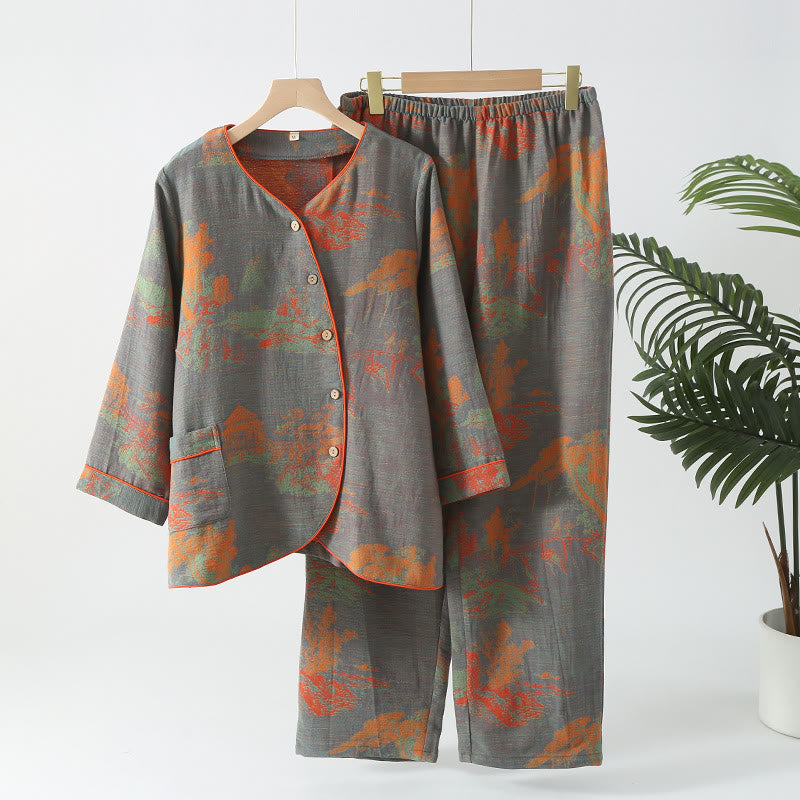 Ensemble pyjama jacquard à manches longues en gaze de coton - Gris - XL - image 1
