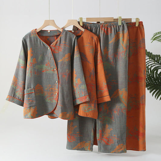 Ensemble pyjama jacquard à manches longues en gaze de coton - image 0