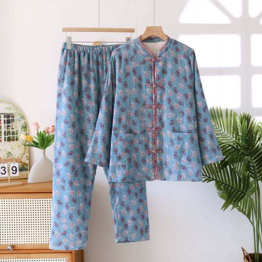 Ensemble pyjama en coton chaud avec boutons grenouille et motif floral