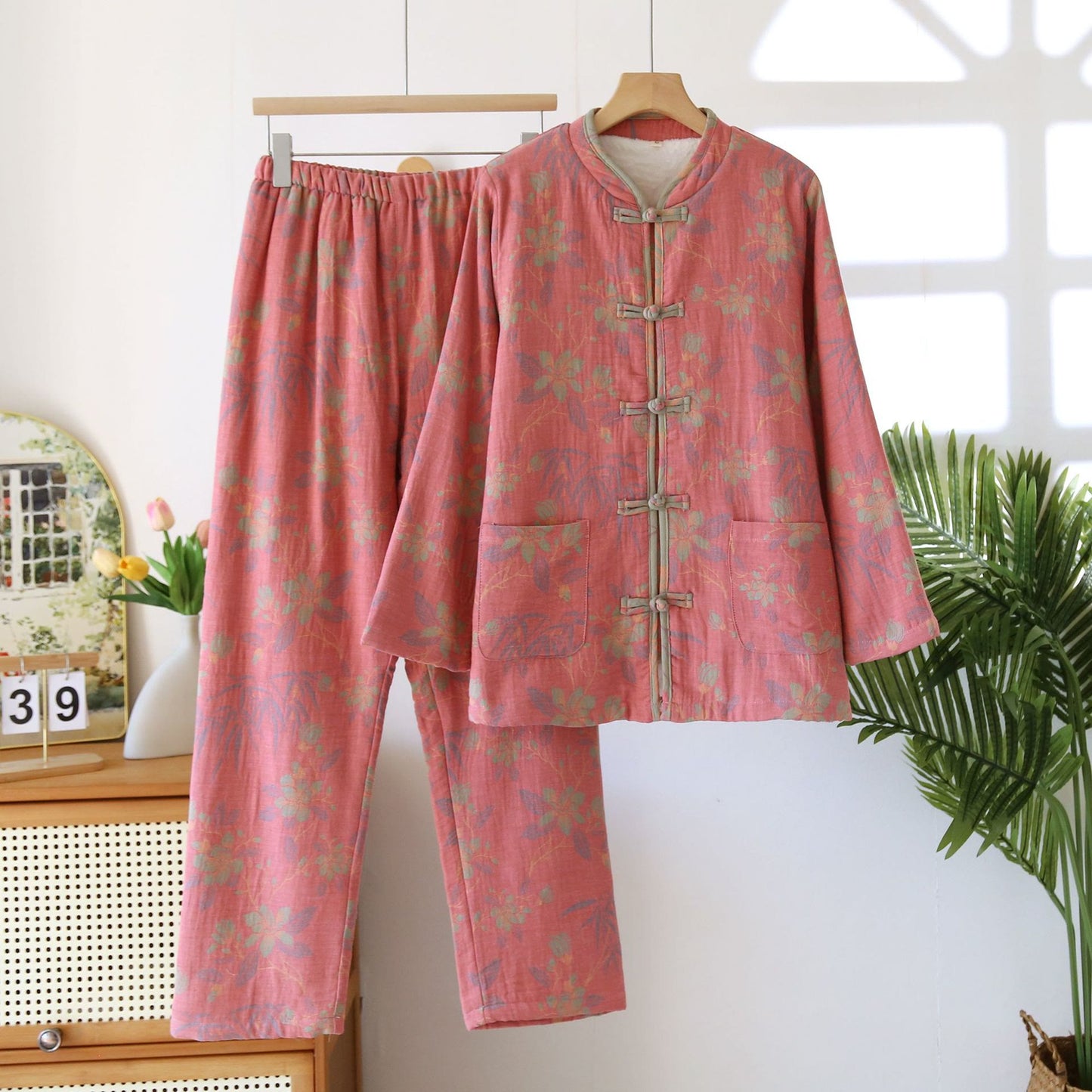 Ensemble pyjama en flanelle de coton teint en fil à motif floral