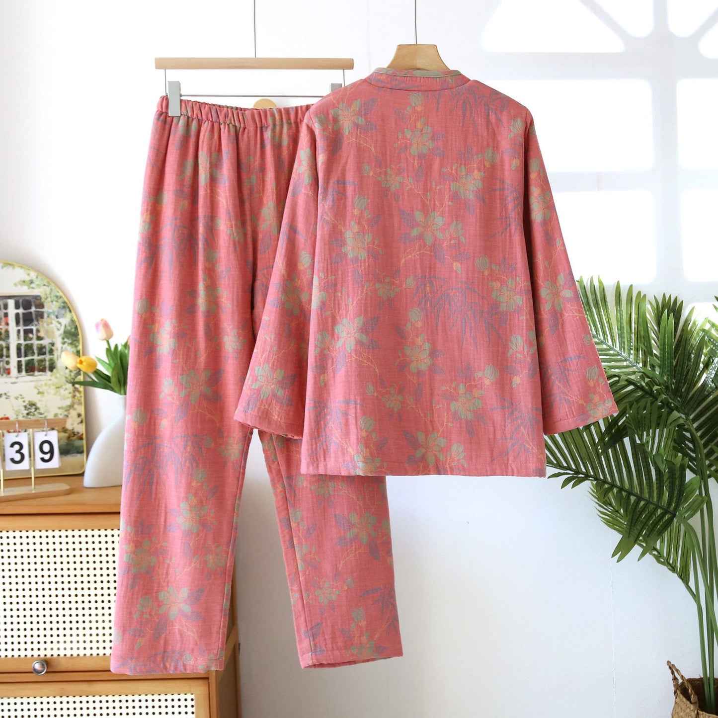 Ensemble pyjama en flanelle de coton teint en fil à motif floral