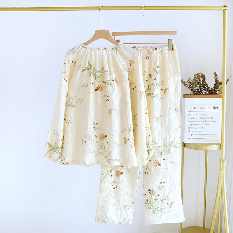 Ensemble pyjama en gaze de coton à imprimé floral et papillon