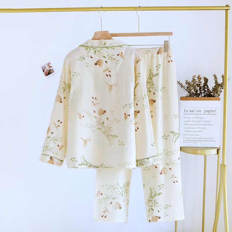 Ensemble pyjama en gaze de coton à imprimé floral et papillon