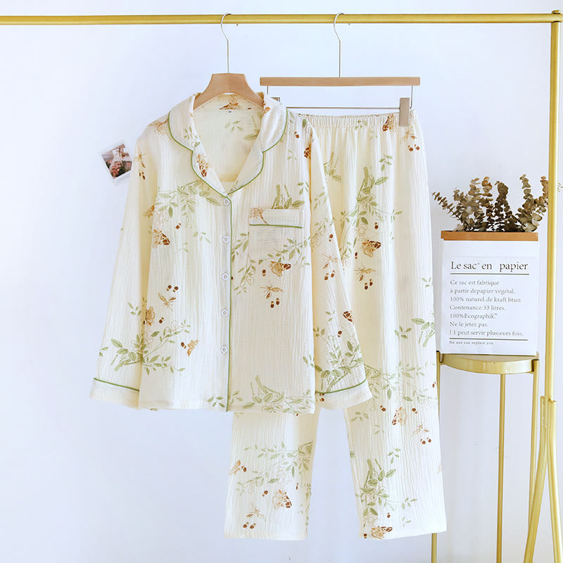 Ensemble pyjama en gaze de coton à imprimé floral et papillon