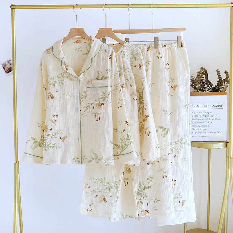Ensemble pyjama en gaze de coton à imprimé floral et papillon