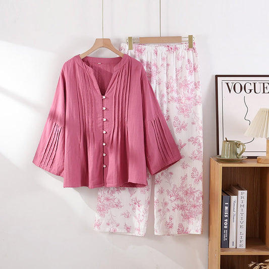 Ensemble pyjama décontracté en gaze de coton à motif floral