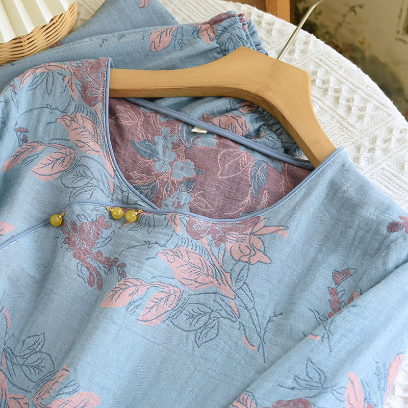 Ensemble de vêtements d'intérieur en coton à col rond avec imprimé floral jacquard