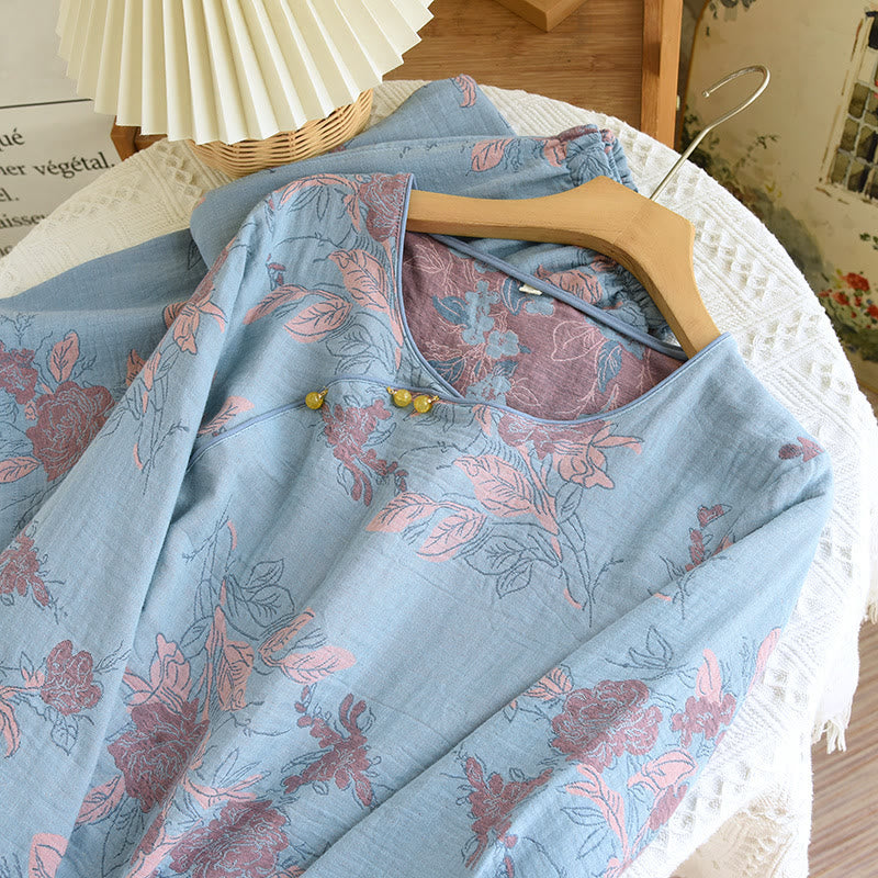Ensemble de vêtements d'intérieur en coton à col rond avec imprimé floral jacquard
