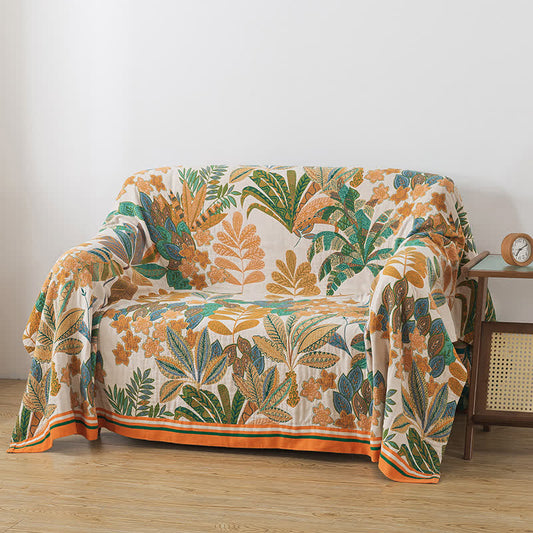 Couverture réversible en gaze de coton avec feuilles de palmier