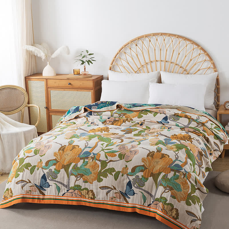 Couverture réversible en gaze de coton avec motif fleurs et oiseaux