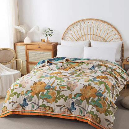Couverture réversible en gaze de coton avec motif fleurs et oiseaux