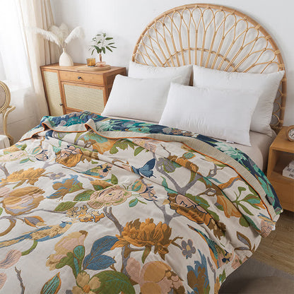 Couverture réversible en gaze de coton avec motif fleurs et oiseaux