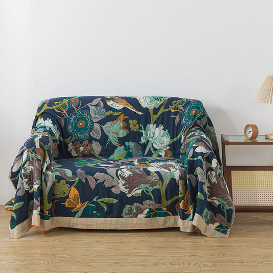 Couverture réversible en gaze de coton avec motif fleurs et oiseaux