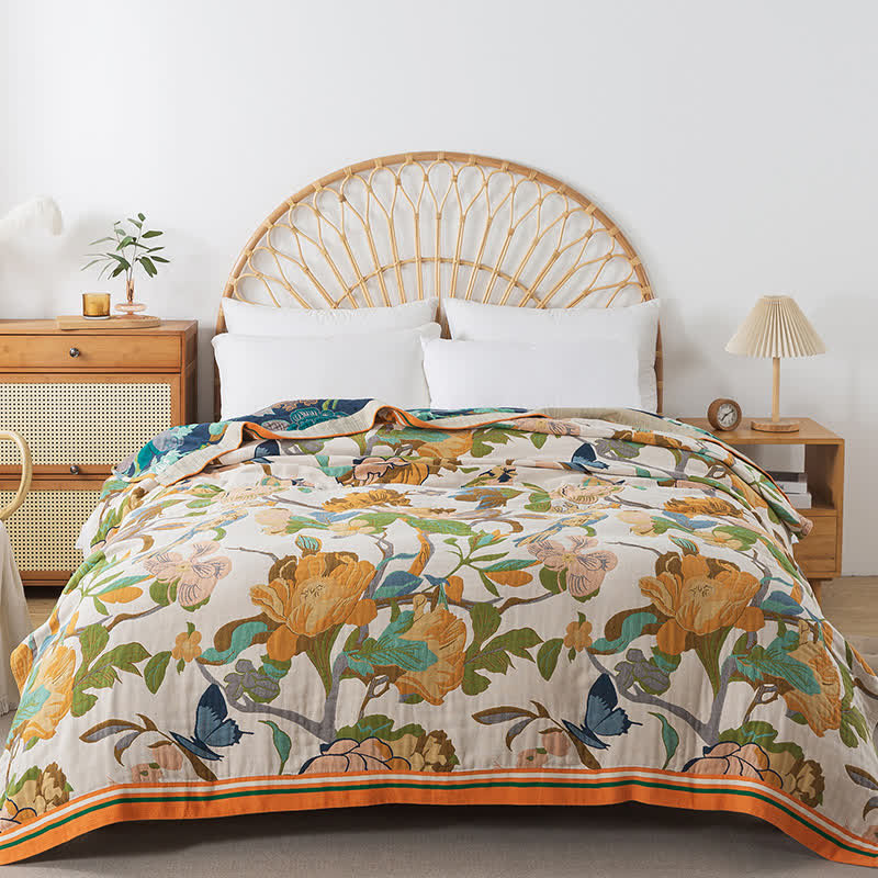 Couverture réversible en gaze de coton avec motif fleurs et oiseaux