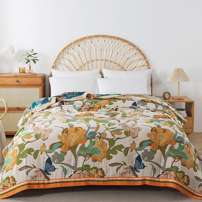 Couverture réversible en gaze de coton avec motif fleurs et oiseaux