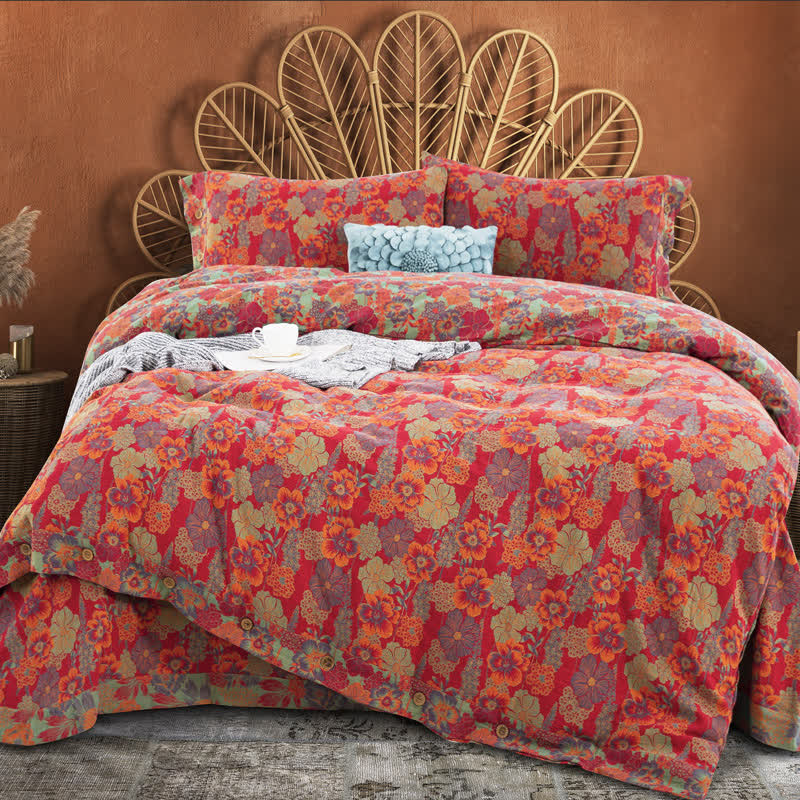 Parure de lit en gaze de coton à motif floral (4 pièces)