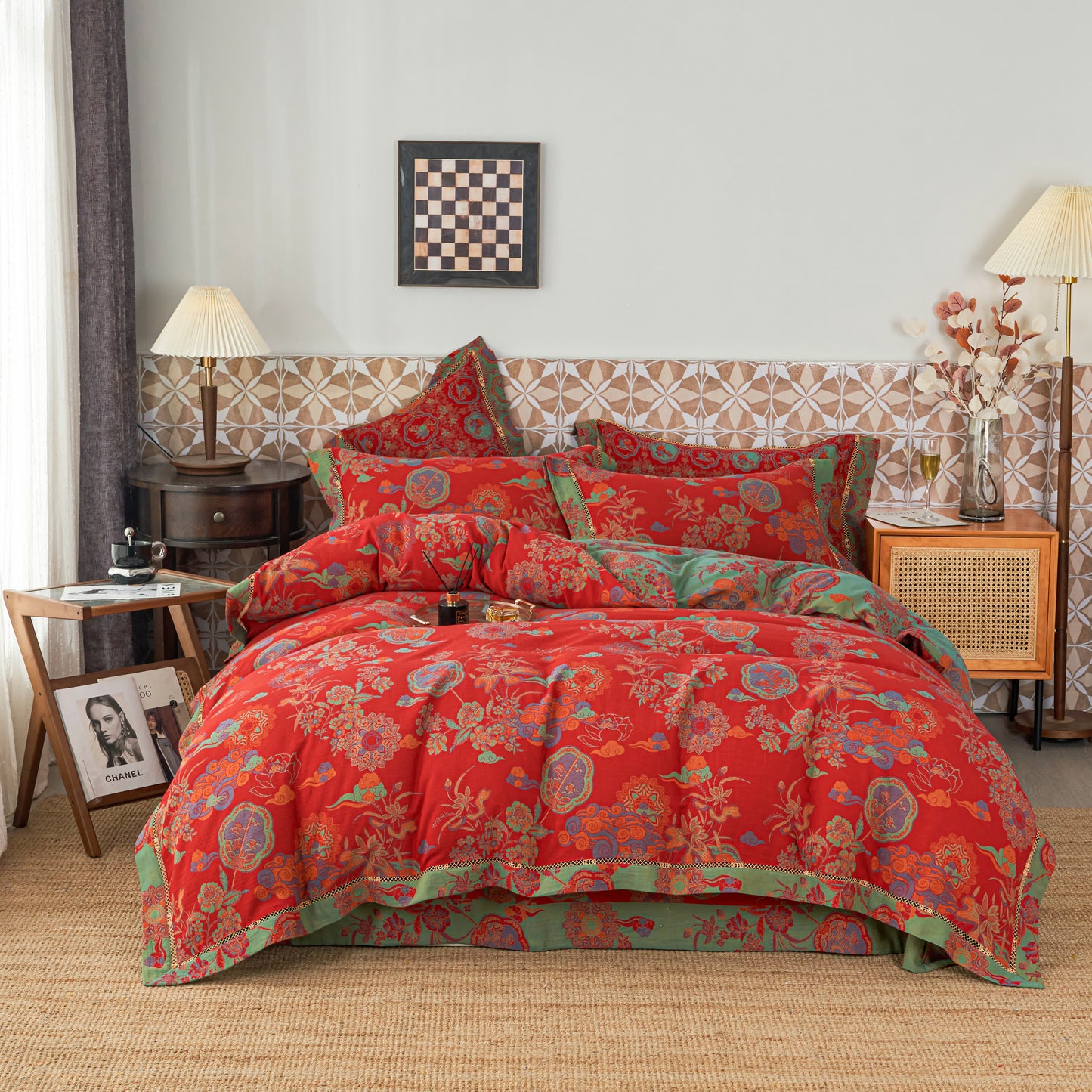 Parures de lit luxueuses en gaze de coton à motif floral (4 pièces)