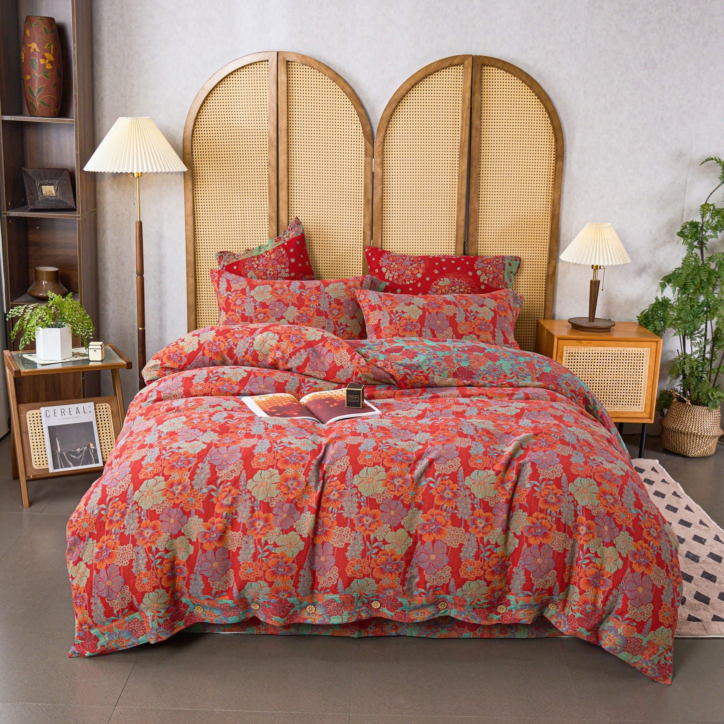 Parure de lit en gaze de coton à motif floral (4 pièces)
