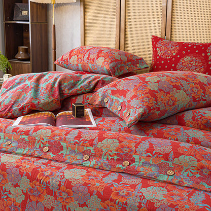 Parure de lit en gaze de coton à motif floral (4 pièces)