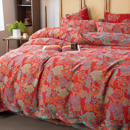 Parure de lit en gaze de coton à motif floral (4 pièces)