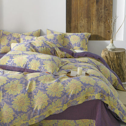 Parure de lit en gaze de coton jacquard motif tournesol (4 pièces)